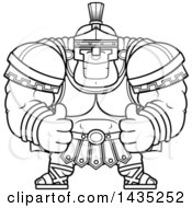 Clipart Of A Cartoon Black And White Lineart Buff Muscular Centurion Soldier Giving Two Thumbs Up Royalty Free Vector Illustration