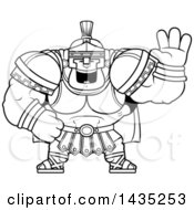 Clipart Of A Cartoon Black And White Lineart Buff Muscular Centurion Soldier Waving Royalty Free Vector Illustration