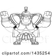 Clipart Of A Cartoon Black And White Lineart Buff Muscular Centurion Soldier Cheering Royalty Free Vector Illustration