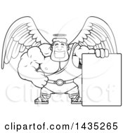 Clipart Of A Cartoon Black And White Lineart Buff Muscular Male Angel With A Blank Sign Royalty Free Vector Illustration