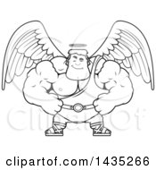 Clipart Of A Cartoon Black And White Lineart Smug Buff Muscular Male Angel Royalty Free Vector Illustration