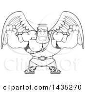 Clipart Of A Cartoon Black And White Lineart Buff Muscular Male Angel Cheering Royalty Free Vector Illustration