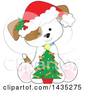 Poster, Art Print Of Cartoon Cute Puppy Dog Wearing A Santa Hat And Sitting With A Little Christmas Tree