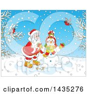 Poster, Art Print Of Cartoon Christmas Scene Of Santa Claus Making A Snowman On A Winter Day With Birds Watching