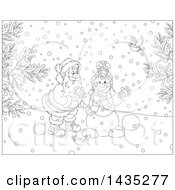 Poster, Art Print Of Cartoon Black And White Lineart Christmas Scene Of Santa Claus Making A Snowman On A Winter Day With Birds Watching