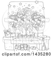 Cartoon Black And White Lineart Decorated Christmas Fireplace Hearth