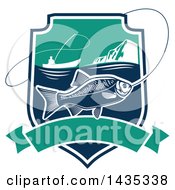 Clipart Of A Silhouetted Boat And Fisherman And A Fish In A Shield Over A Banner Royalty Free Vector Illustration