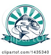 Trout Fish Jumping For A Hook In A Ray Circle Over A Banner