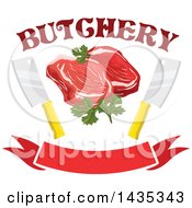 Poster, Art Print Of Raw Red Meat Steaks With Parsley Knives And Text Over A Banner