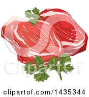 Clipart Of A Raw Red Meat Steaks With Parsley Royalty Free Vector Illustration by Vector Tradition SM