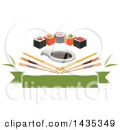 Row Of Sushi Rolls With Salmon And Nori Over Angled Chopsticks And Soy Sauce Over A Banner