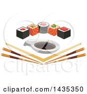 Row Of Sushi Rolls With Salmon And Nori Over Angled Chopsticks And Soy Sauce