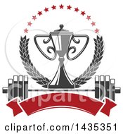 Clipart Of A Bodybuilder Championship Trophy In A Laurel And Star Wreath Over A Barbell And Blank Banner Royalty Free Vector Illustration