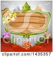 Poster, Art Print Of Wooden Sign Frame With Christmas Gifts A Tree And Bells