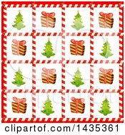 Poster, Art Print Of Christmas Tile Background Of Trees And Gifts In Candy Cane Frames