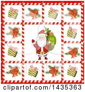 Poster, Art Print Of Christmas Santa Bordered In Gifts And Tree Branches In Candy Cane Frames