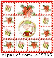 Poster, Art Print Of Christmas Elf Bordered In Gifts And Tree Branches In Candy Cane Frames