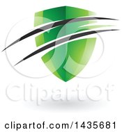 Clipart Of A Floating Green Shield With Black Swooshes And A Shadow Royalty Free Vector Illustration