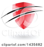 Clipart Of A Floating Red Shield With Black Swooshes And A Shadow Royalty Free Vector Illustration