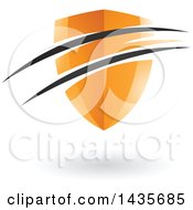 Clipart Of A Floating Orange Shield With Black Swooshes And A Shadow Royalty Free Vector Illustration