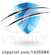 Clipart Of A Floating Blue Shield With Black Swooshes And A Shadow Royalty Free Vector Illustration
