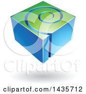 Poster, Art Print Of 3d Abstract Floating Blue And Green Cube With A Spiral Over A Shadow