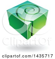 Clipart Of A 3d Abstract Floating Green And Turquoise Cube With A Spiral Over A Shadow Royalty Free Vector Illustration
