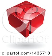 Clipart Of A 3d Abstract Floating Red Cube With A Spiral Over A Shadow Royalty Free Vector Illustration