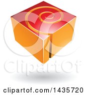 Clipart Of A 3d Abstract Floating Red And Orange Cube With A Spiral Over A Shadow Royalty Free Vector Illustration