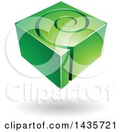 Clipart Of A 3d Abstract Floating Green Cube With A Spiral Over A Shadow Royalty Free Vector Illustration