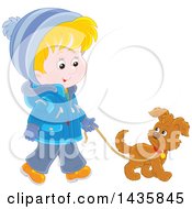 Clipart Of A Cartoon Blond White Boy Wearing A Winter Coat And Walking A Puppy Dog Royalty Free Vector Illustration