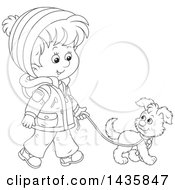 Poster, Art Print Of Cartoon Black And White Lineart Boy Wearing A Winter Coat And Walking A Puppy Dog