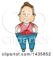 Cartoon Happy Brunette White Man Wearing His Fat Jeans After Weight Loss