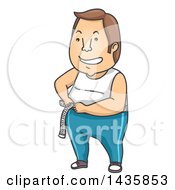 Poster, Art Print Of Cartoon Brunette White Man In Exercise Clothes Measuring His Waist