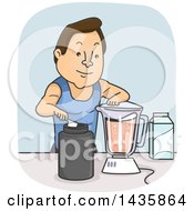 Poster, Art Print Of Cartoon Brunette Caucasian Man Making A Post Or Pre Workout Whey Protein Smoothie