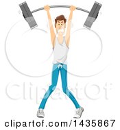 Skinny Brunette Caucasian Man Struggling And Lifting A Barbell Over His Head