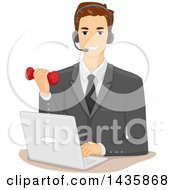 Poster, Art Print Of Brunette Caucasian Businessman Wearing A Headset In Front Of A Laptop And Working Out With A Dumbbell