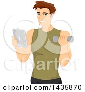 Poster, Art Print Of Brunette Caucasian Man Wearing Ear Buds Holding A Tablet And Working Out With A Dumbbell
