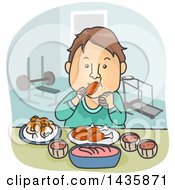 Poster, Art Print Of Cartoon Brunette White Man Pigging Out On Food After A Workout