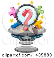 Clipart Of A Floating Metal Island With Math Symbols And A Magnifying Glass Royalty Free Vector Illustration