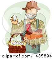 Sketched White Male Farmer In Overalls Holding A Chicken And Egg By A Basket