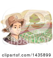 Sketched Male Farmer Wearing A Straw Hat Against A Rice Field