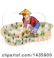 Sketched Male Farmer In A Conical Hat Planting Rice
