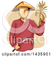Poster, Art Print Of Sketched Male Farmer Wearing A Conical Hat Holding Rice And A Sickle
