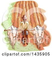 Poster, Art Print Of Sketched Male Farmer Plowing A Field With Water Buffalos