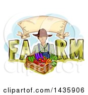 Poster, Art Print Of Sketched Male Farmer In Overalls Holding A Box Of Produce In Farm Text Under A Banner