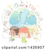 Poster, Art Print Of Sketched School Children Over A Globe With School Icons