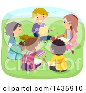Clipart Of School Children Sitting In A Circle And Reading In A Park Royalty Free Vector Illustration