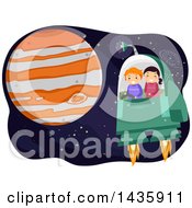 School Children Flying A Spaceship Near Planet Jupiter
