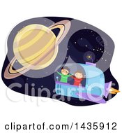 School Children Flying A Spaceship Near Planet Saturn